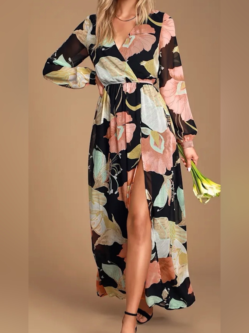 Lulus Wondrous Water Lilies Black Floral Print Maxi Dress Medium New